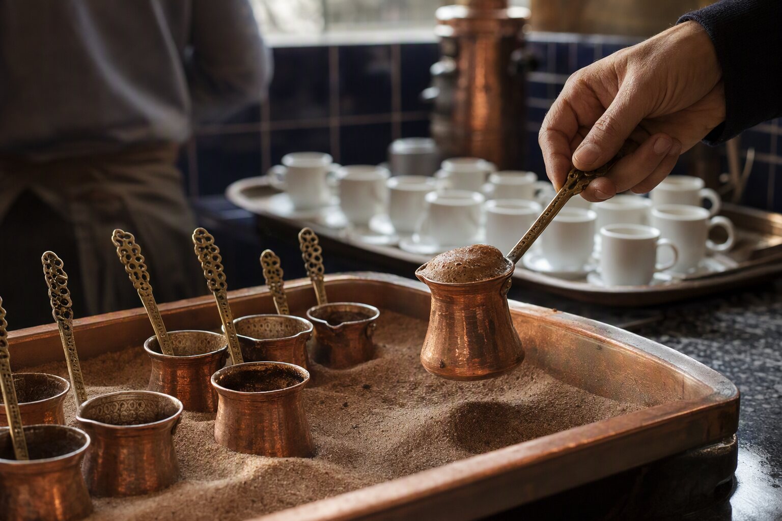 Turkish coffee brewing on hot sand